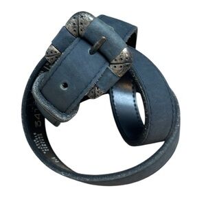 VINTAGE Belt Dark Grey Nubuck Leather Pewter Toned Western Buckle Size M